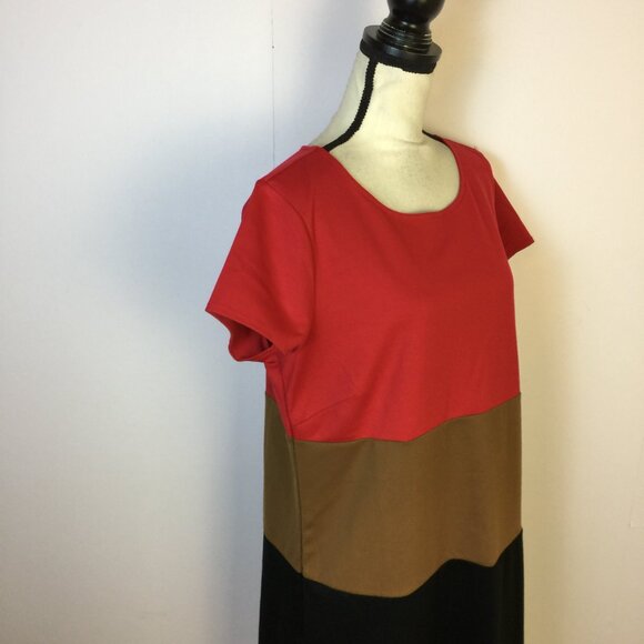 Ann Taylor Loft Dress Sz 16 Womans Red Black Brown Knit Colorblock Short Sleeve - Picture 11 of 12